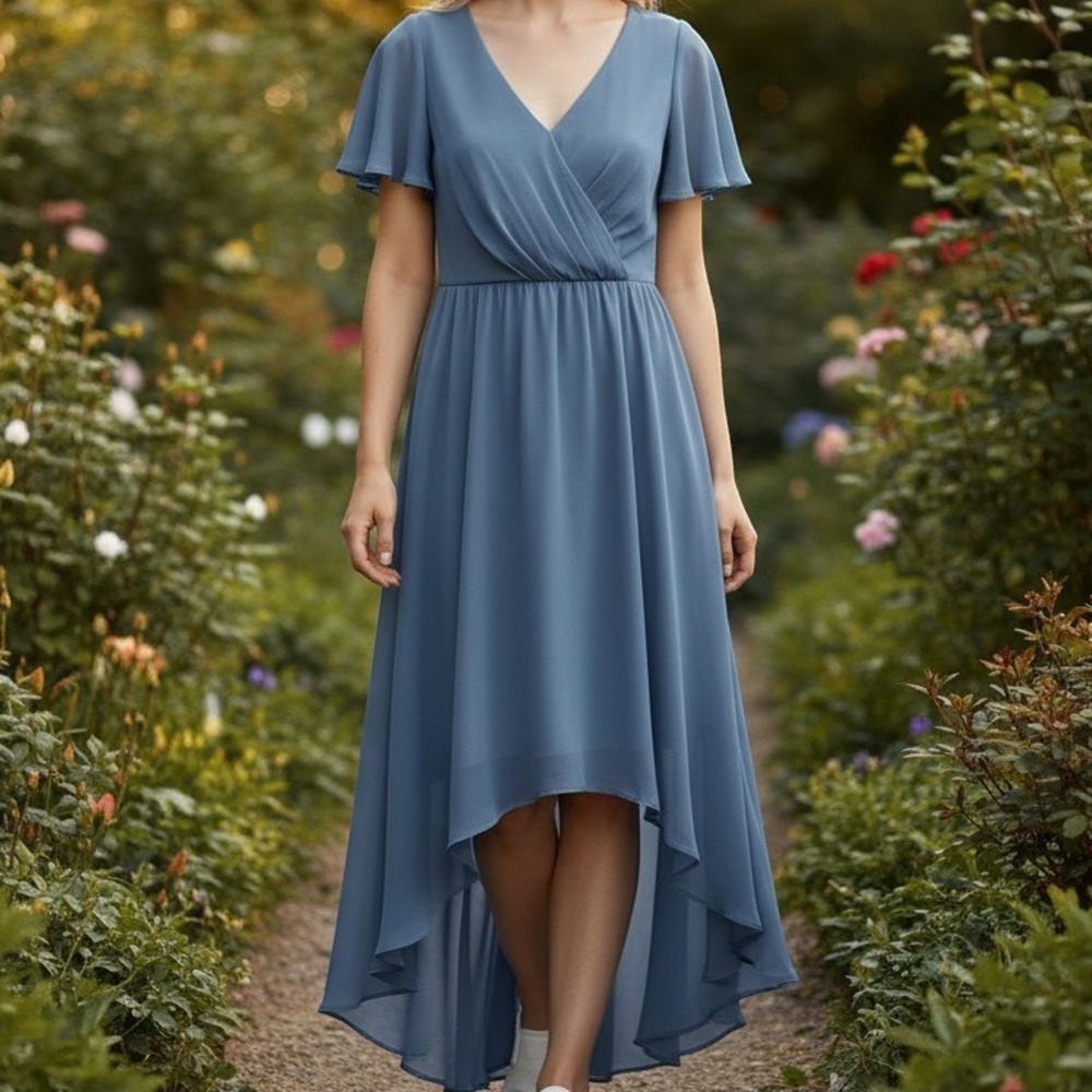 Ever Pretty Party Dress Women S Sheer Blue Asymmetric Flutter Sleeve Midi New